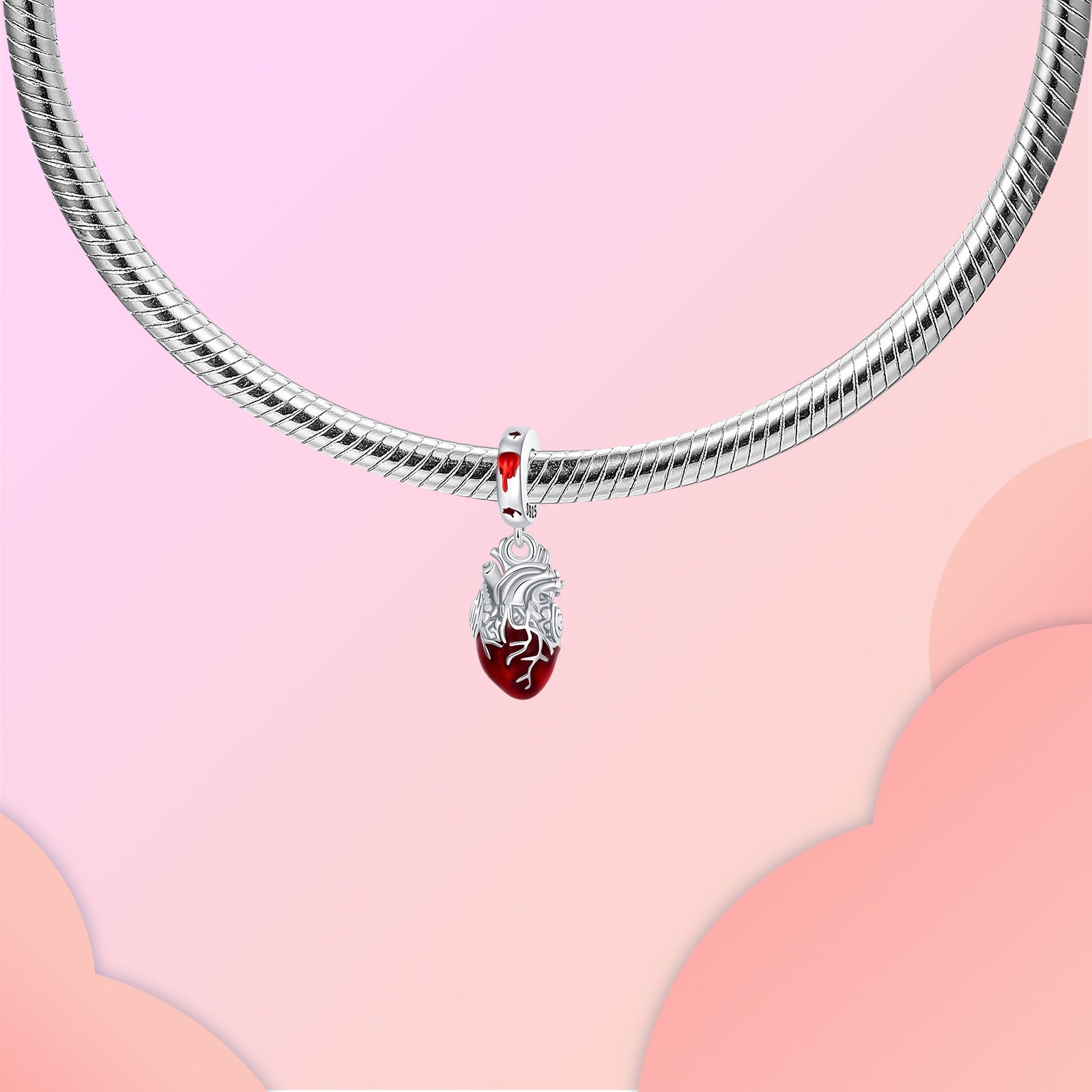 Hot Sale Charms Bead 925 Sterling Silver Red Heart Dangle Pendant Fit Bangle Bracelet Necklace DIY Jewelry