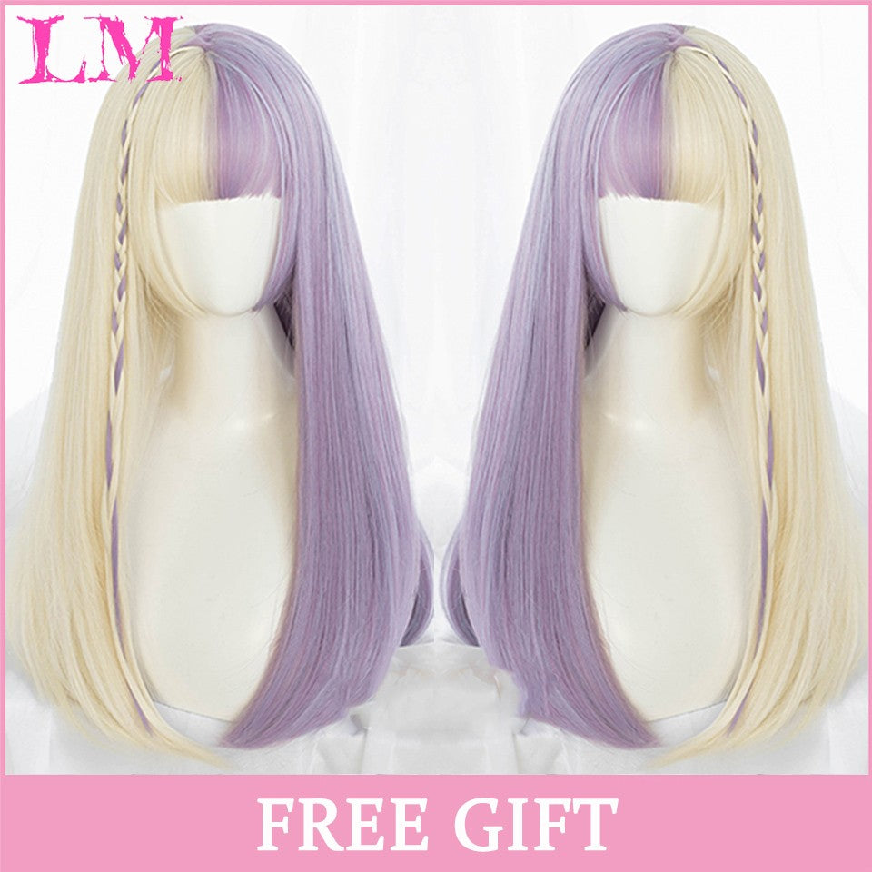 LM Medium Length Pink Cosplay Wig Heat Resistant Costume Party Synthetic Wigs 2 Clip On Ponytail 7 Colors