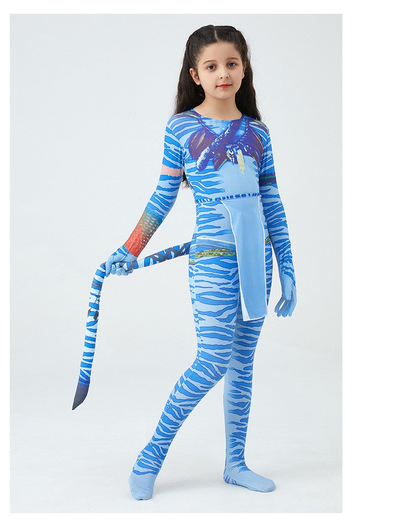 Girls Avatar 2 Neytiri Costume Tail Suit Boys Jake Sully Cosplay Zentai Bodysuit Jumpsuit Kids Halloween Birthday Party Costume