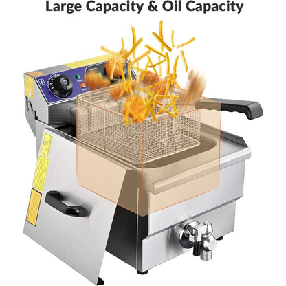 Commercial Electric Deep Fryer 11.7L 1500W Fryer w/Time Control and Oil Filtration Single Removable Basket Stainless Steel