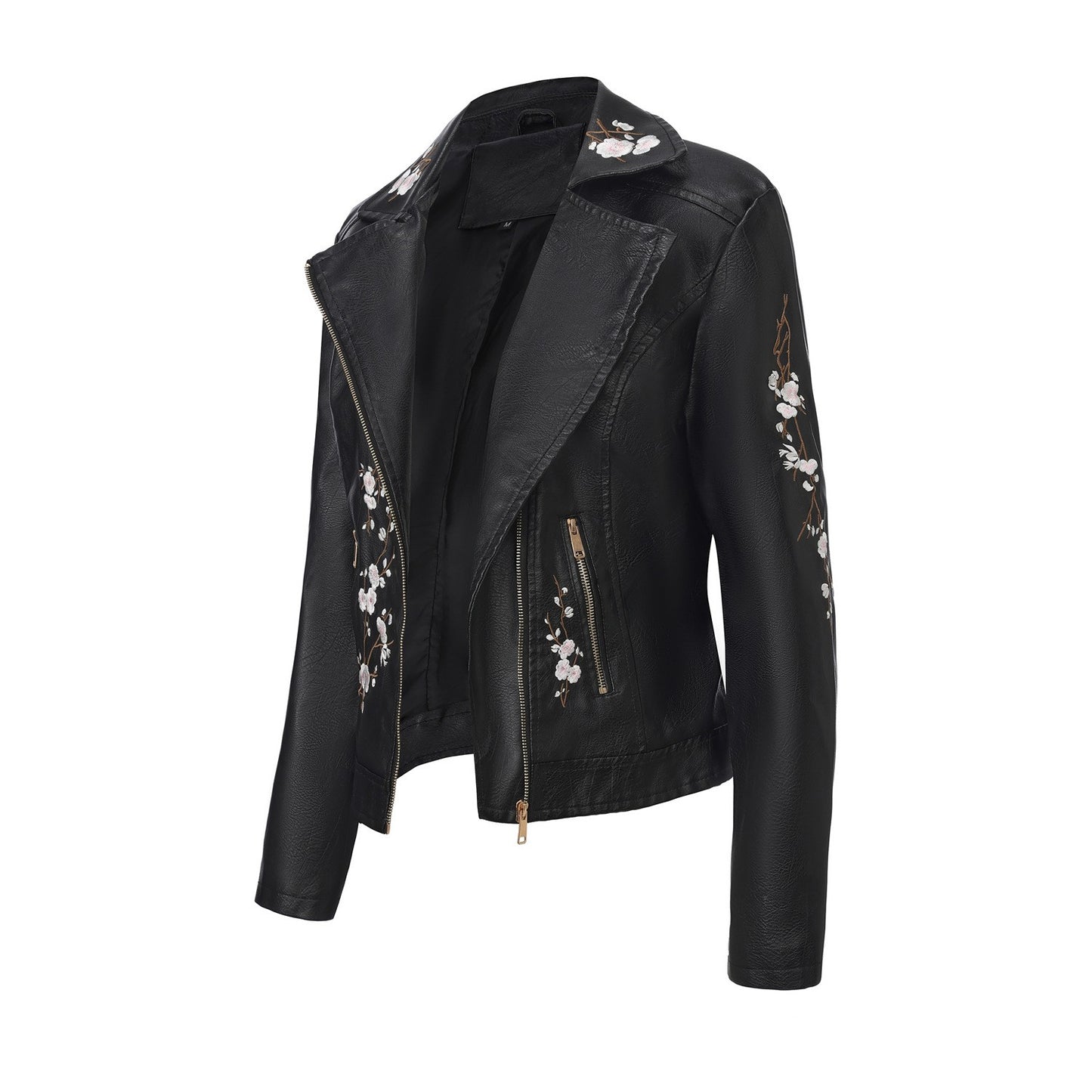 New Fall Women's Black Embroidered PU Jacket, Street-Style Brown Faux Leather Coat, Fashionable Beige Long Sleeves Top.