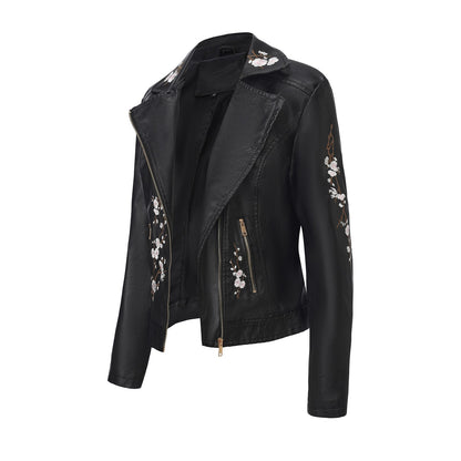 New Fall Women's Black Embroidered PU Jacket, Street-Style Brown Faux Leather Coat, Fashionable Beige Long Sleeves Top.