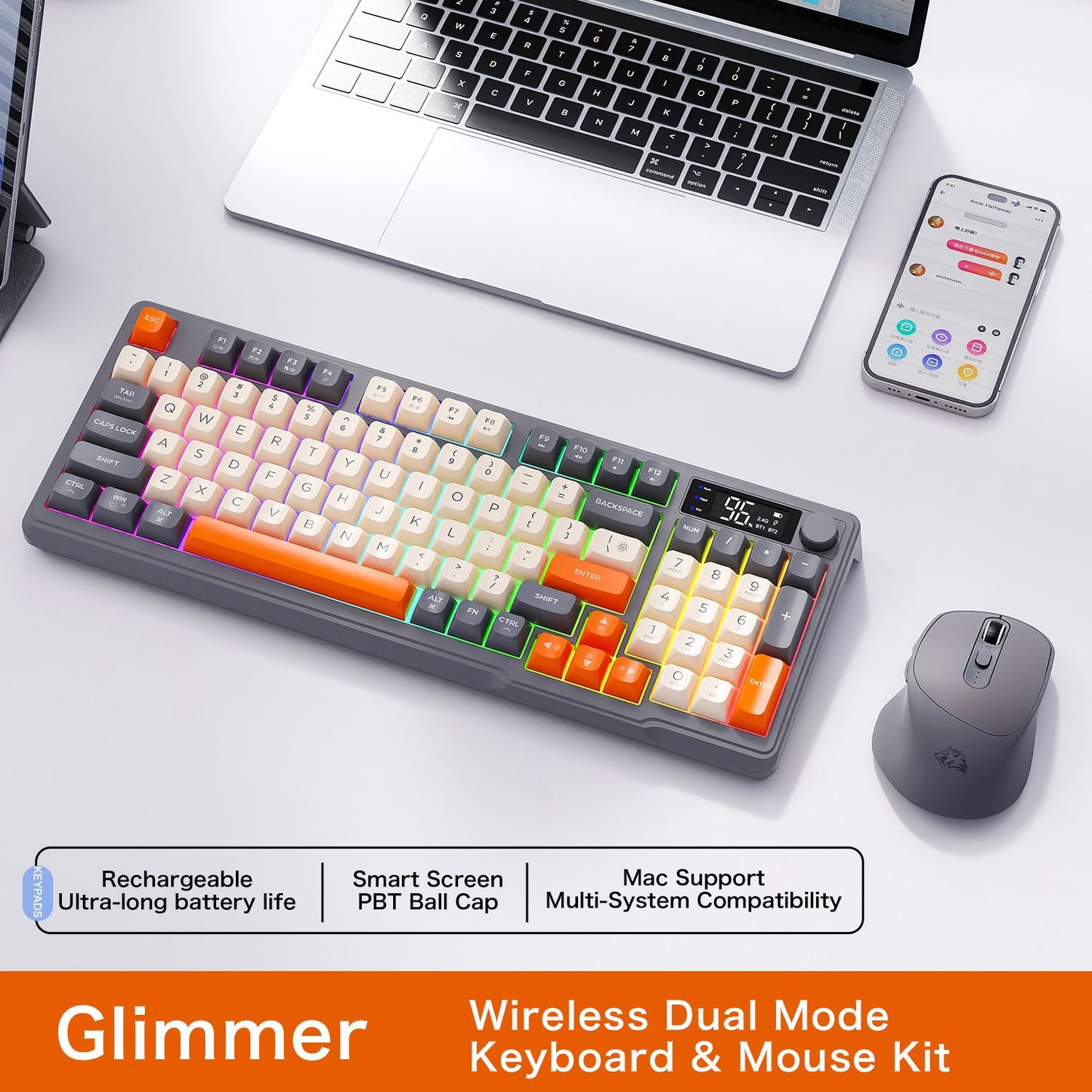 Teclado Sem Fio FreeWolf M96 com Tela, Teclado Gamer Bluetooth Conexão Dual-Mode, Conexão Multi-Dispositivos, Ergonômico