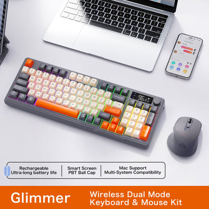 Teclado Sem Fio FreeWolf M96 com Tela, Teclado Gamer Bluetooth Conexão Dual-Mode, Conexão Multi-Dispositivos, Ergonômico