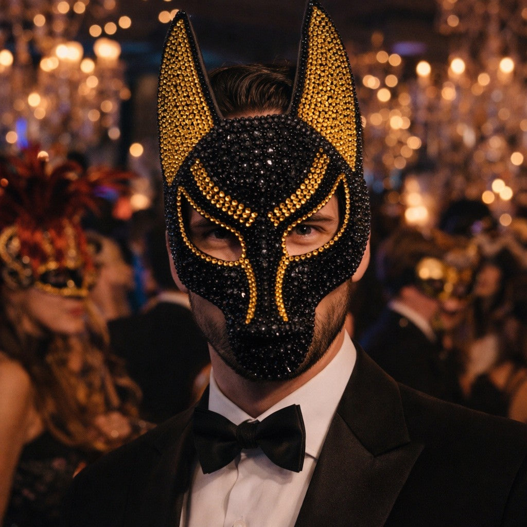 Luxury Rhinestone Wolf Mask, Shiny Animal Half Face Mask for Masquerade Ball, Halloween Party and Costume Events