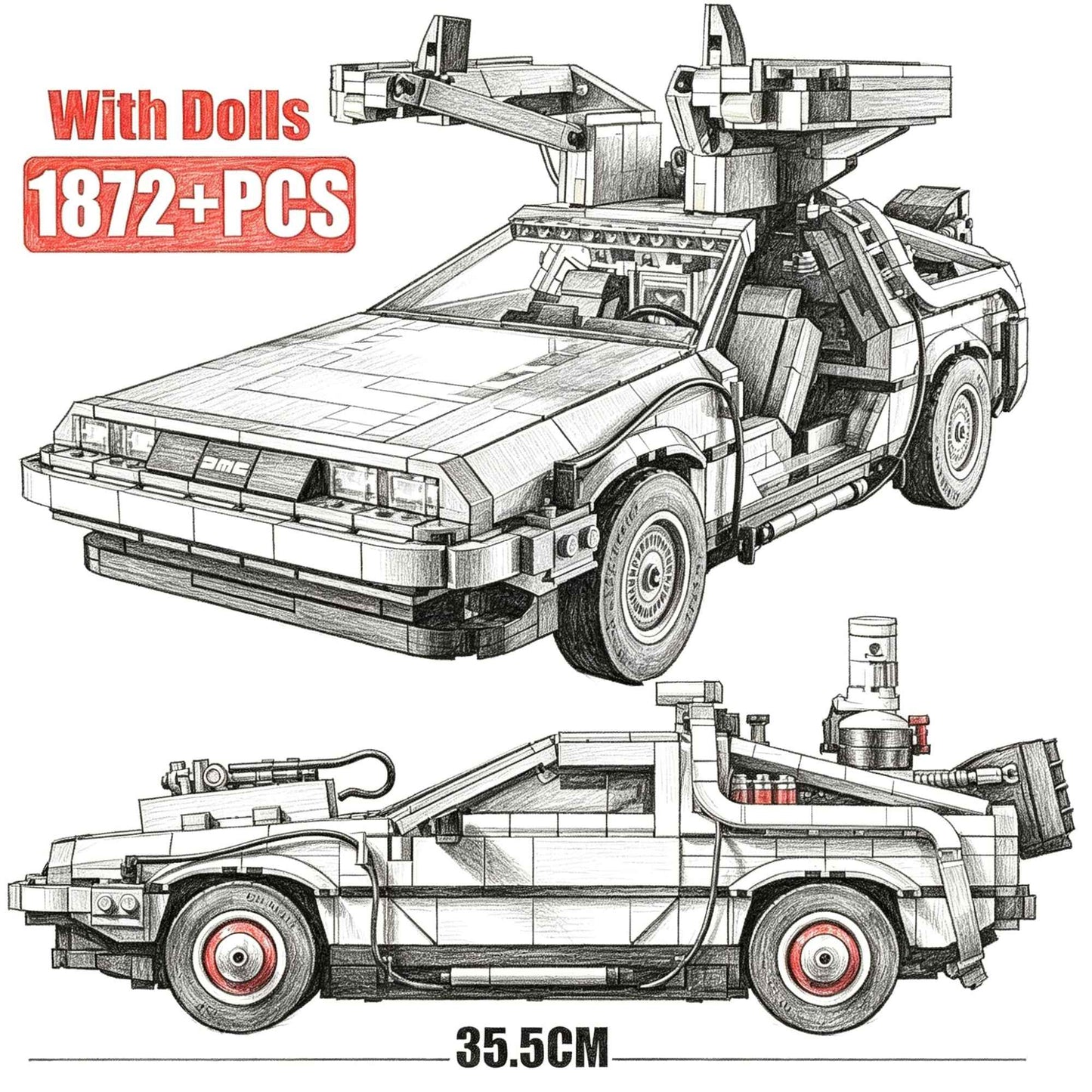 1:8 Scale Back to The Future Time Machines 1872Pcs 2 Mini Figures Building Blocks Kits Collectible Authentically Detailed Model