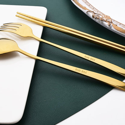 Drmfiy Western 6Set Black Dinnerware 304 Stainless Steel Tableware Long Handle Spoons Chopsticks Metal Korean Silverware Set