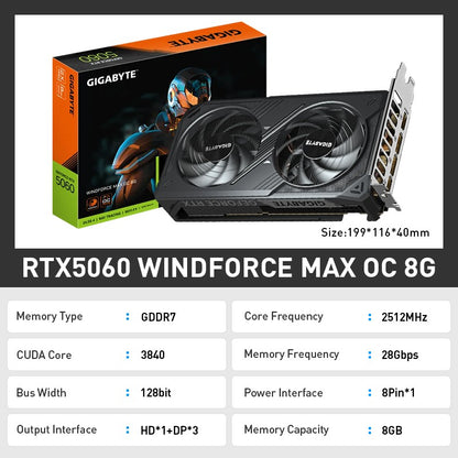 Placa de Vídeo Gigabyte RTX5060-8G MAX Gaming NVIDIA GeForce RTX 5060 28 Gbps 128Bit GDDR7 8 Pinos PCI Express 5.0 para Desktop