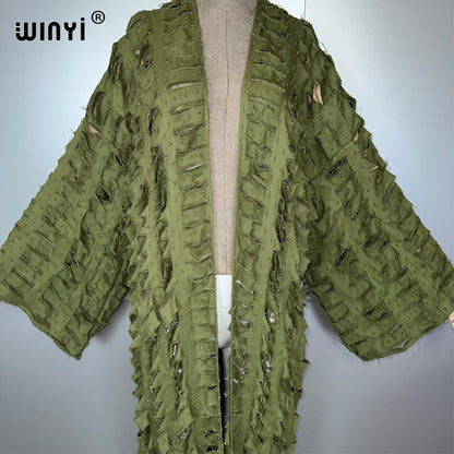 WINYI new maxi kimono coat for women OverCoat hole denim cardigan long down coat cover up beach outfits woman abaya dubai luxury