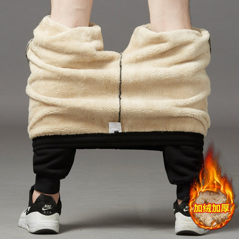Calças masculinas para outono e inverno, forradas com lã para uso externo, calças casuais, calças de moletom esportivas quentes de lã de carneiro