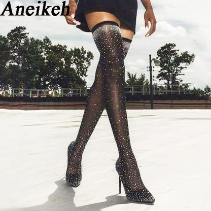Aneikeh Sexy High Heels Sock Over-the-Knee Boots Pointed Toe Design Crystal Rhinestone Stretch Fabric Pole Dancing Women Shoes