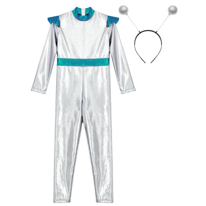 Kids Alien Cosplay Costume Outfits Boys Girls Metallic Shiny Alien Jumpsuit Halloween Full Length Bodysuit with Hair Hoop Suit