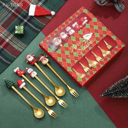 Stainless Steel Christmas Fork And Spoon Set with Gift Box for Coffee Tea Dessert Tableware