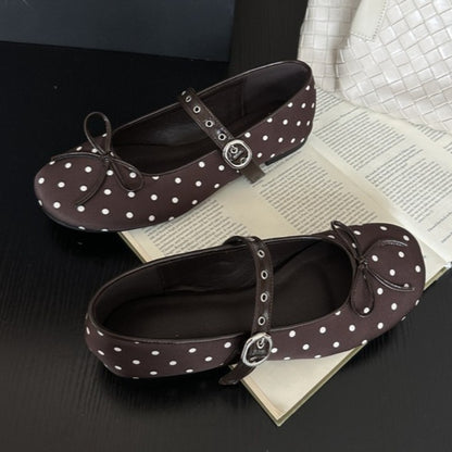Designer Polka Dot Ballet Flats for Women Sweet Bow Decoration Elegant Mary Jane Shoes Fashion Buckle Shallow Comfort Dress Shoe