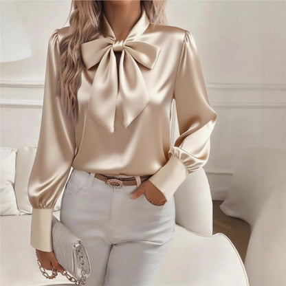 Autumn New Solid Color Sexy Hollow Bow Satin Shirt Women's Casual Comfortable Long Sleeved Top Blusas Elegante Feminina