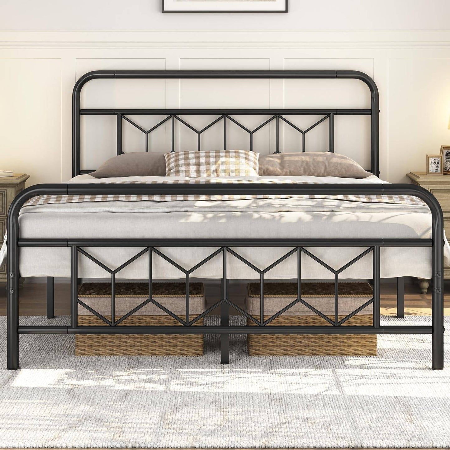 Queen Bed Frames Metal Platform Bed with Vintage Style Headboard/Mattress Foundation/No Box Spring Needed/Under Bed Stor