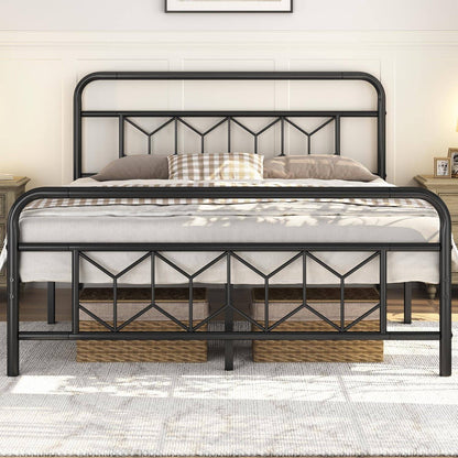 Queen Bed Frames Metal Platform Bed with Vintage Style Headboard/Mattress Foundation/No Box Spring Needed/Under Bed Stor