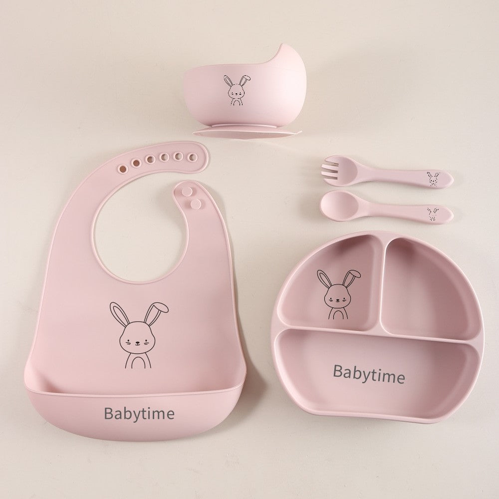 5pcs Bunny Baby Utensils Set, Food Grade Silicone Weaning Set with Bib, Suction Plate, Bowl, Spoon & Fork gift set