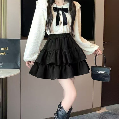 Korean Chic Y2K Sweet Girl's White Princess Mini Skirt Ballet-style Tiered Skirt Elastic High Waist Cake Skirt Shorts All-match