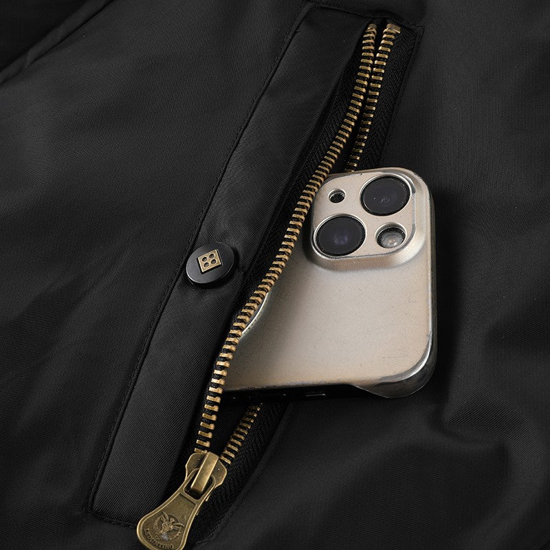 Men's Winter Black Aviator Jacket with Detachable Faux Fur Trimmed Hooded Cold Fashion Embroidered Badge and Zipper Pockets