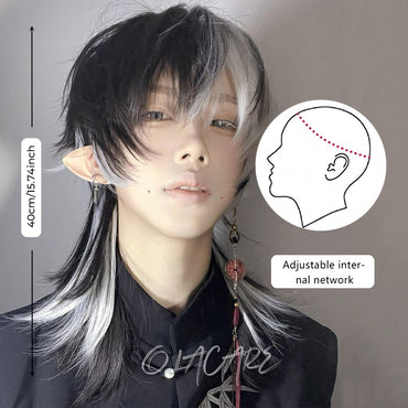 OLACARE Short Mullet Head Wigs with Bangs Synthetic Straight Anime Men Black White Gray Green Hair Wig for Daily Party Cosplay