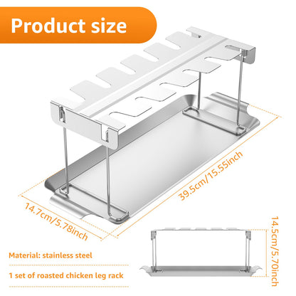 Chicken Leg Rack for Grill Barbecue Cooking Rack Stainless Steel Chicken Wing Rack with Drip Tray Folding BBQ Drumstick Stand