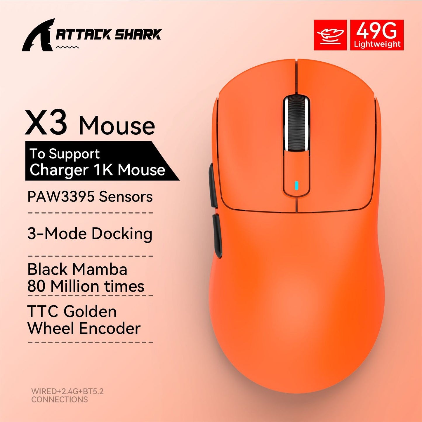 Mouse gamer sem fio 3-mode macro Attack Shark X3orX3Pro PixArt 1K/4K leve, 26K DPI PAW3395, adequado para laptop/Win/Mac