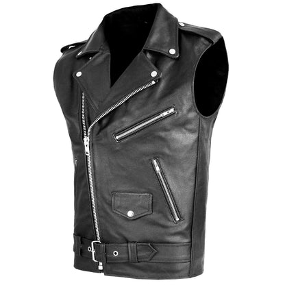 Black Color M-4xl Sizes Men's Sleeveless PU Leather Vest Style Motorcycle Jacket with Pockets Zipper Men Coats