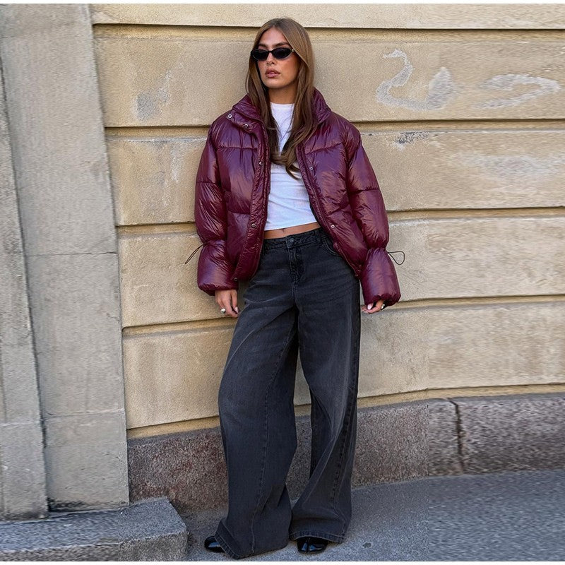 Thicken Cotton Jackets Women High Neck Long Sleeves Zipper Drawstring Coats Female 2025 Winter Fashion Chic Solid Warm Outwears