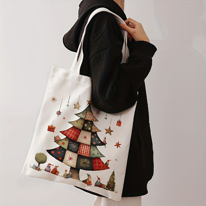 Christmas Gnome and Tree Pattern Tote Bag Casual Shoulder Shopping Bag Reusable Fashion Multi-functional Handbag Holiday Gift