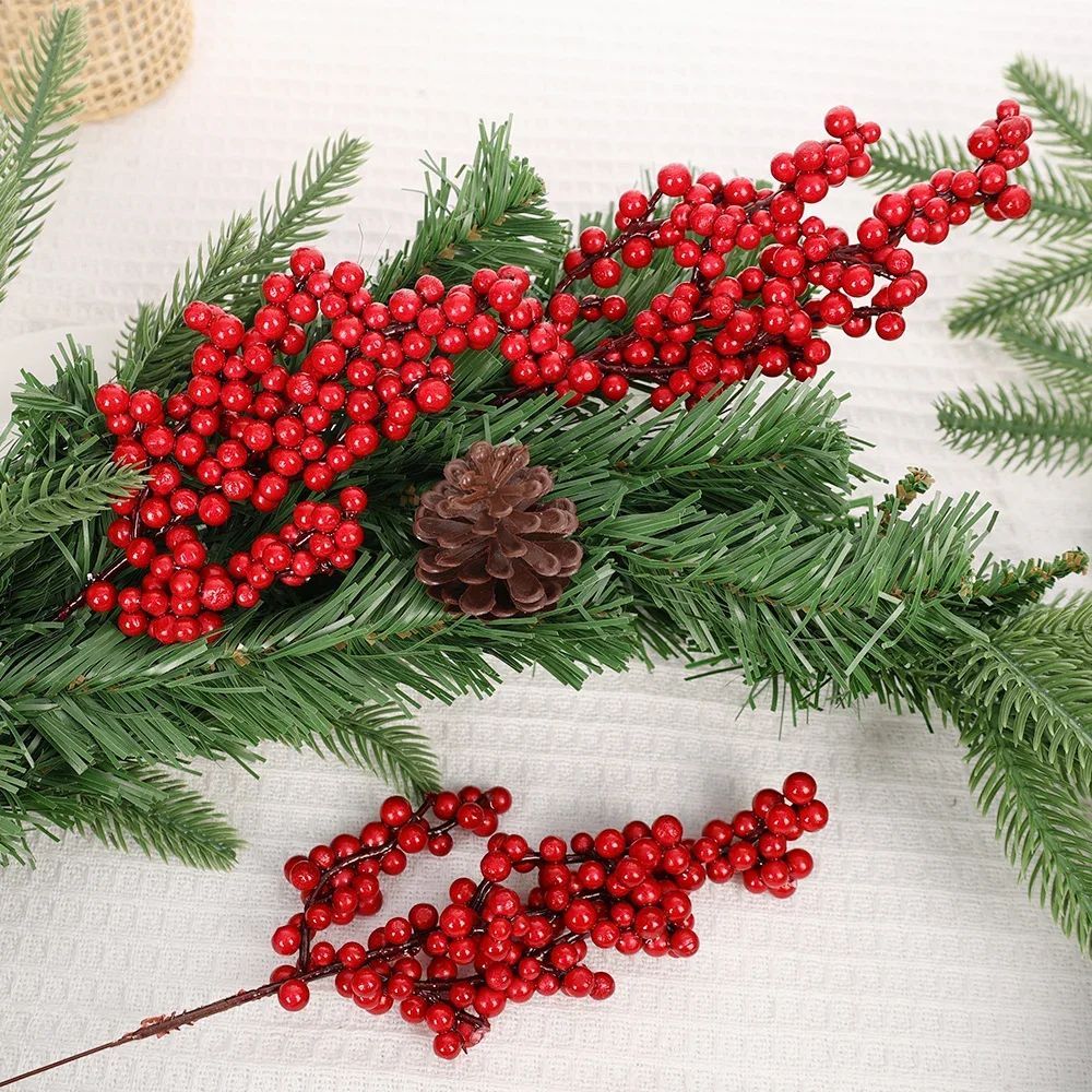 Christmas Artificial Red Berries Branch Fake Plants Flowers Holly Berry Stamen Wreath Ornaments for Xmas Tree Party Home Decor