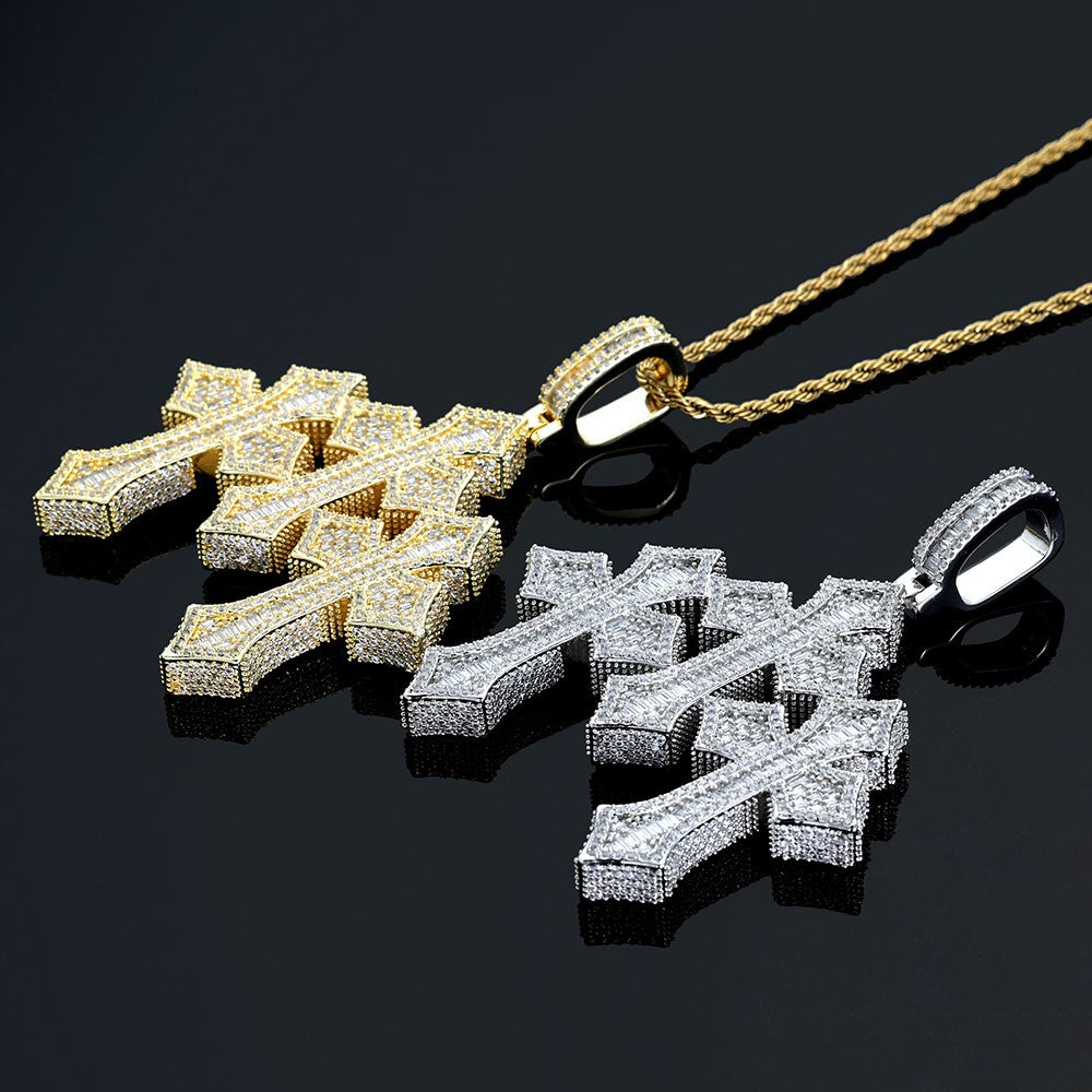 High Quality 3Inch Mens Hip Hop Cross Pendant New Release Iced out Triple Cross with Stone Charm Necklace Made Brass