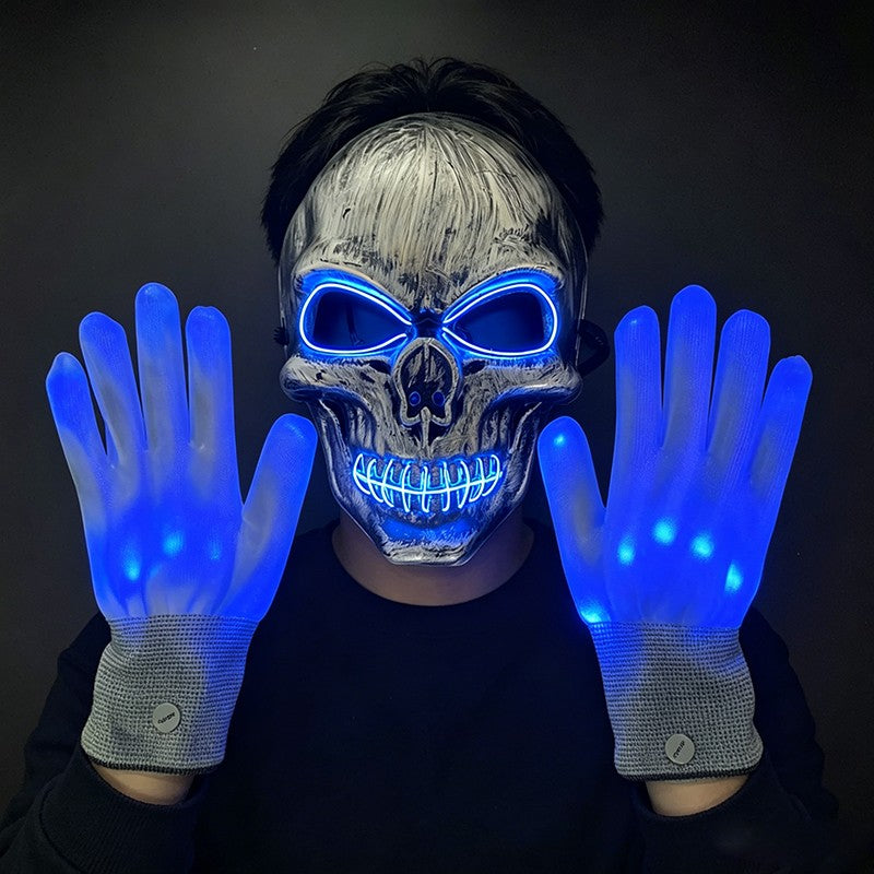 Halloween LED Skull Mask with Light Up Gloves EL Wire Glowing Skeleton Mask Lighted Flashing LED Gloves Set for Cosplay Party