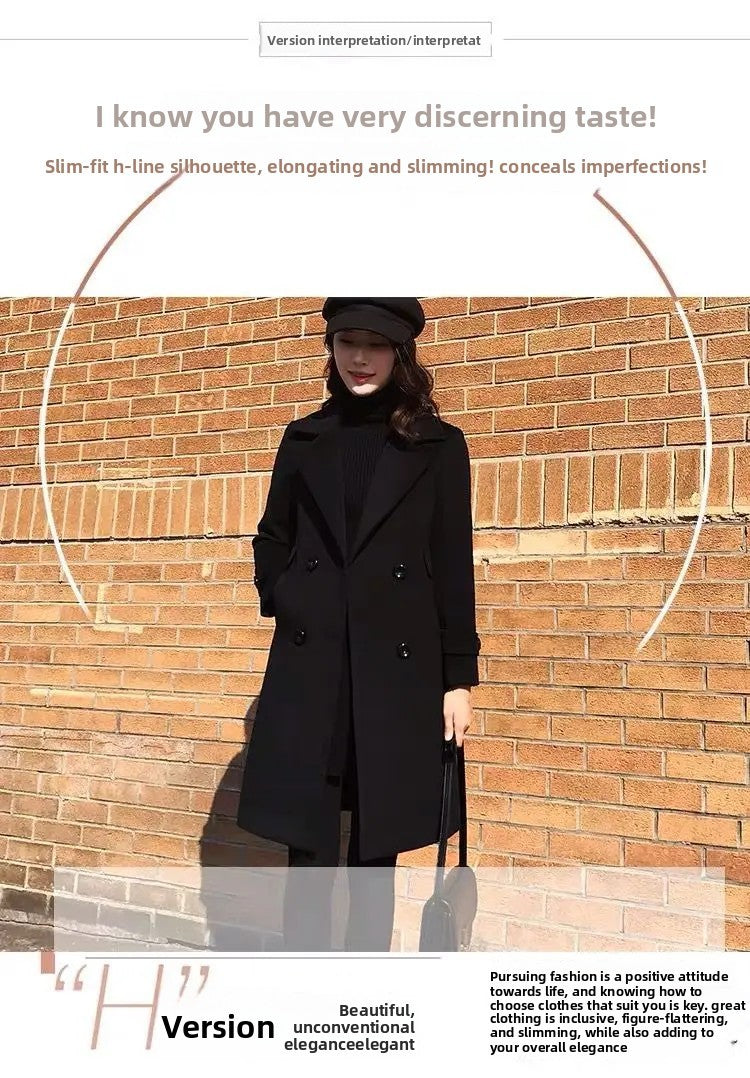 Plus Size Black Woolen Coat 2025 New Style Women's Autumn Winter Professional Mid-Length Trendy Polyester Fiber Suit Collar F...