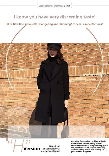 Plus Size Black Woolen Coat 2025 New Style Women's Autumn Winter Professional Mid-Length Trendy Polyester Fiber Suit Collar F...