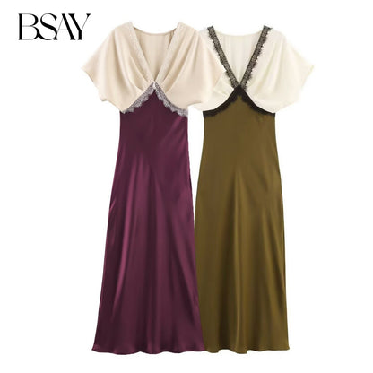 BSAY lace splice Satin dress 2025 autumn new side zip chic female French elegant long dress sexy V-neck banquet evening mujer