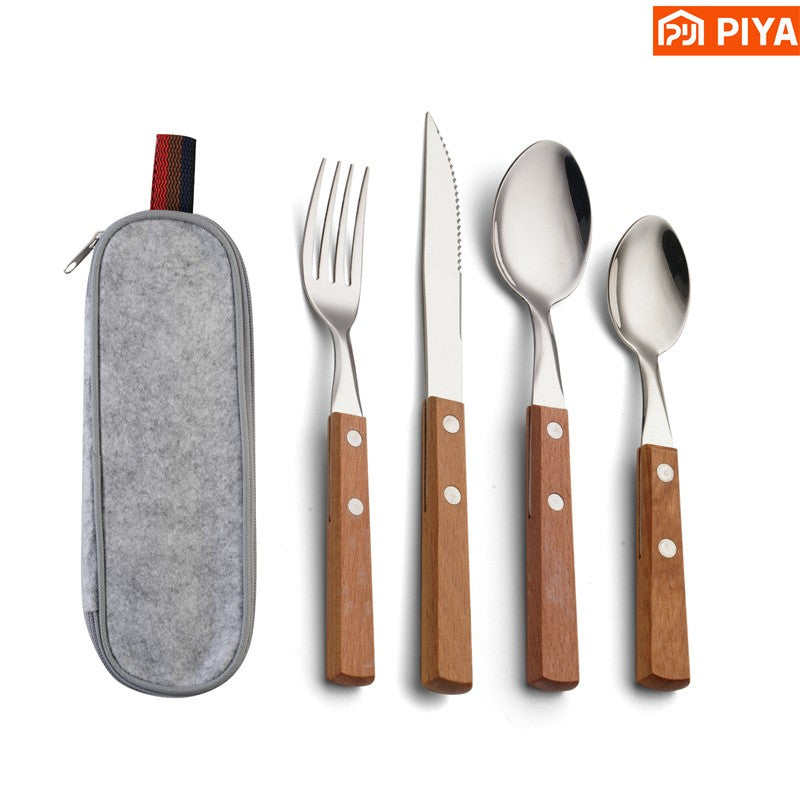 Utensílios de viagem de aço inoxidável com estojo Saudáveis e ecológicos Garfo e colher de tamanho normal Conjunto de talheres portáteis com bolsa de armazenamento