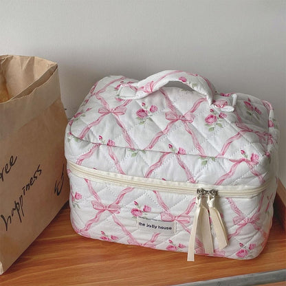 Cute Bow Flower Cloth Handbag Quilting Cotton Makeup Bag Women Zipper Cosmetic Organizer Portable Toiletry Case for Girls