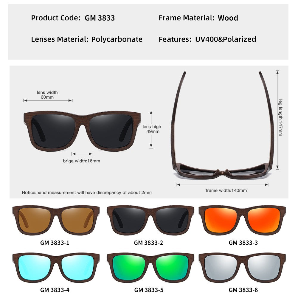 Óculos De Sol GM De Madeira De Bambu Natural Feitos À Mão Polarizados Lentes Com Revestimento Espelhado Com Caixa De Presente