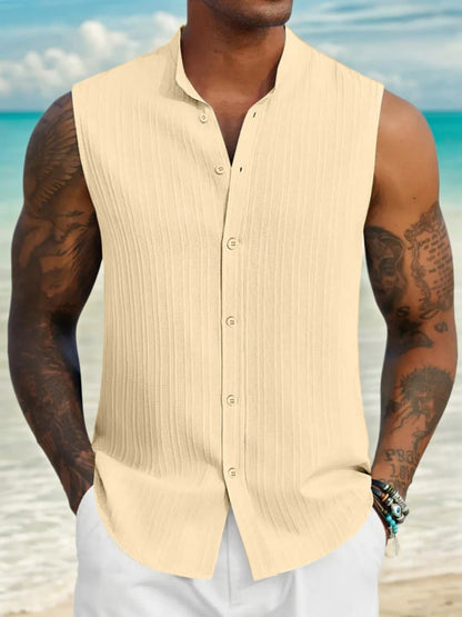 2025 New Summer Casual Fashion Henley Neck Sleeveless Shirt for European Men - Casual Beach Shirt for Leisure Use
