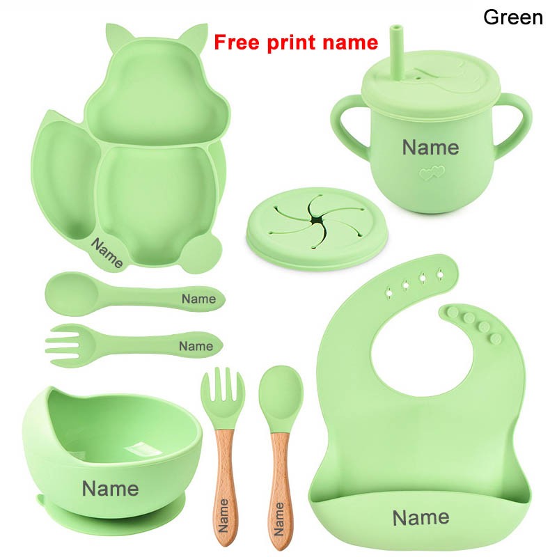 Baby Silicone Sucker Bowl Plate Cup Bibs Spoon Fork Sets Children Tableware Baby Feeding Dishes Sets Personalized Name BPA Free
