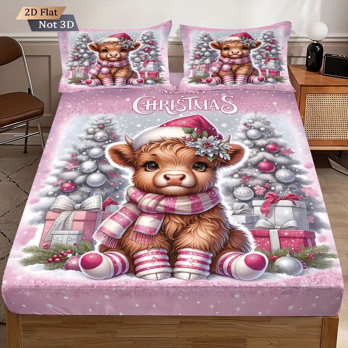 3pcs Christmas Highland Cow Print Coreless Bed Sheet Set Multiple Size Bed Cover Bedroom Bedding,  Decoration Machine Washable