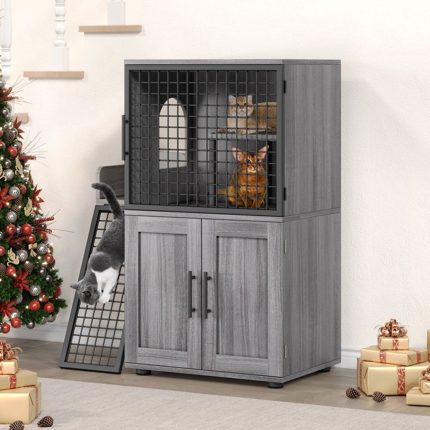 Caixa de Areia para Gatos Oculta com Plataforma, Móvel para Gatos de Camada Dupla, Móvel para Banheiro de Gatos, Casinha de Gatos com Escada