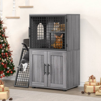 Caixa de Areia para Gatos Oculta com Plataforma, Móvel para Gatos de Camada Dupla, Móvel para Banheiro de Gatos, Casinha de Gatos com Escada