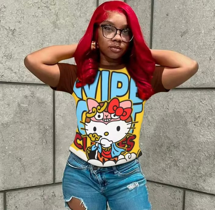 2025 New Hello Kitty T-shirt Anime Sanrio Fashion Short Tops Y2k Summer Cute Tees Cartoon Print High Street Women's Short Sleeve