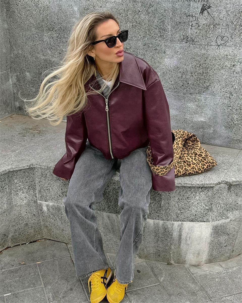 Jaqueta Feminina de Couro Sintético Vermelho Vinho Vintage, Casaco Moderno com Zíper e Lapela, Casacos de Outono Inverno, Blusas Curtas Femininas Estilo Streetwear
