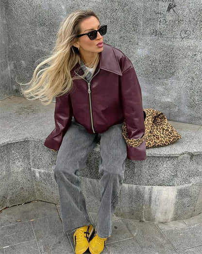 Jaqueta Feminina de Couro Sintético Vermelho Vinho Vintage, Casaco Moderno com Zíper e Lapela, Casacos de Outono Inverno, Blusas Curtas Femininas Estilo Streetwear