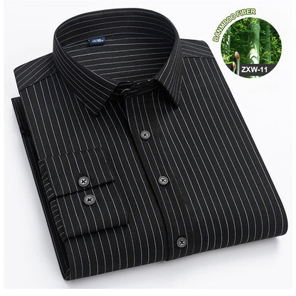 Bamboo Fiber Casual long-sleeve shirts for man elastic Anti-wrinkle striped slim fit formal shirt soft business designer clothes
