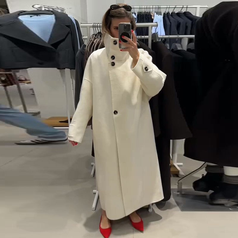 Elegant Women's Overcoat Stand Collar Single Breasted Full Sleeve Solid Female Long Coats 2025 Autumn Fashion Chic Lady Outwear