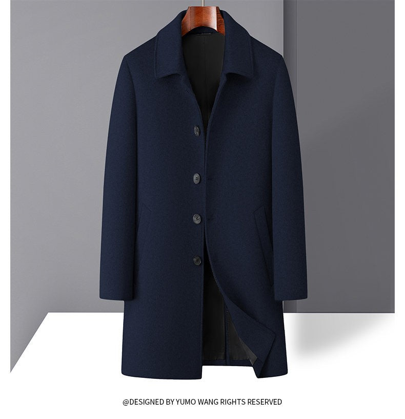 High-quality men's fashionable, stylish and versatile solid-color casual long woolen overcoat, wool woolen overcoat
